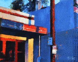 'Bus Stop' oil on canvas. 2025. 17 x 13cm.
Just one person was waiting at the bus stop this golden late afternoon. The light was amazing, there was a visual sense of sleepy country town (except for the city noise). Available.