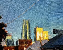 'A City Sunset' oil on canvas. 2025. 13 x 17cm.
A distant view of the city brought up close makes lovely geometric shapes on the skyline. This is from montague Street.