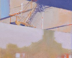 'Fading Beauty' oil on canvas. 2025. 15 x 15cm.
As work is slowly creeping along on the Exchange Hotel, there are few last glimpses still to be seen of my favourite rusty fire escape (going nowhere now as the door is bricked in). Soon it will be gone forever. Removed or hidden, we shall see, eventually! Available.