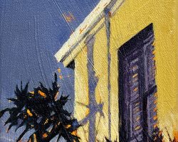 'Hacienda' oil on canvas. 2025. 17 x 13cm.
The yellow wall, deep sky and "cactus-like" trees with their shadows convey a sense of mud brick houses in Spain here. Not telling where but it's on the peninsula! Available.