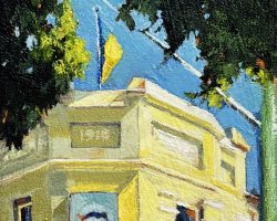 'Good Day Sunshine' oil on canvas. 2025. 17 x 13cm.
There's something very 'Balmain' about this corner. I love the chunky shapes of the building, the shaking hands, and there's always a flag or two flying. The Unity Hall also has a rich history, and... we can't wait to see the finished renovations! Available.