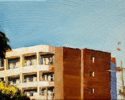 'Mid Century Modern' oil on canvas. 2025. 13 x 17cm. On this bright sunny day a 1960 drop-top cadillac with those huge tail fins would fit right in parked out front, next to the palm tree.... Available.