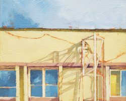 'Shadow Patterns 1' oil on canvas. 2025. 23x23cm framed.
Looking up, but this series is about the patterns that shadows create, for a short moment. This is an otherwise ordinary store front in a country town, but the shadows made interesting patterns on the wall. Available from the Moree Gallery.