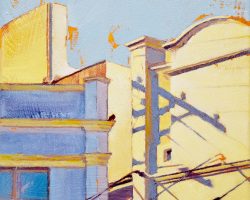 'Shadow Patterns 3 with Pidgeon' oil on canvas. 2025. 23x23cm framed.
Looking up, this series is about the patterns that shadows create for a short moment. Details and geometric shapes in the sunshine of local Art Deco buildings are broken up by shadows of a power pole observed by a rather relaxed pidgeon. Available from the Moree Gallery.