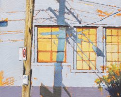 'Shadow Patterns 4 ' oil on canvas. 2025. 23x23cm framed.
This is favourite wall of mine that is always interesting. Maybe it's the windows or the shadow the light pole casts, but there's always something to look at here. Available from the Moree Gallery.